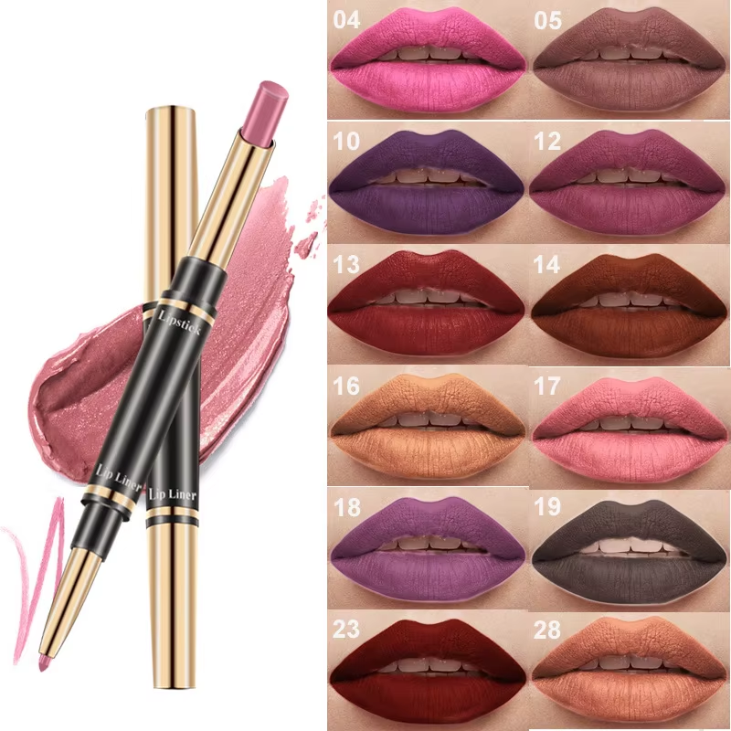 12 màu Matte Double Heads Son môi không thấm nước và chì kẻ môi 2 trong 1 Lip Liner